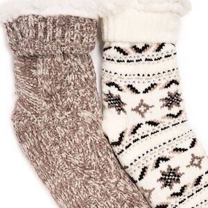 MUK LUKS 2 Pack Lined Rib Socks Soft Faux Fur WOMEN'S SIZE L-XL Creme & Tan NEW